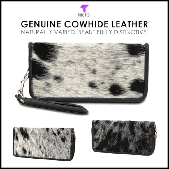 Genuine Cowhide Leather Clutch Wristlet with Detachable Strap